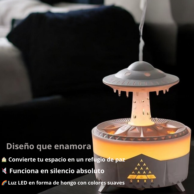 "Nube relajante emitiendo luces suaves y sonidos de gotas, ideal para dormir y reducir el estrés"